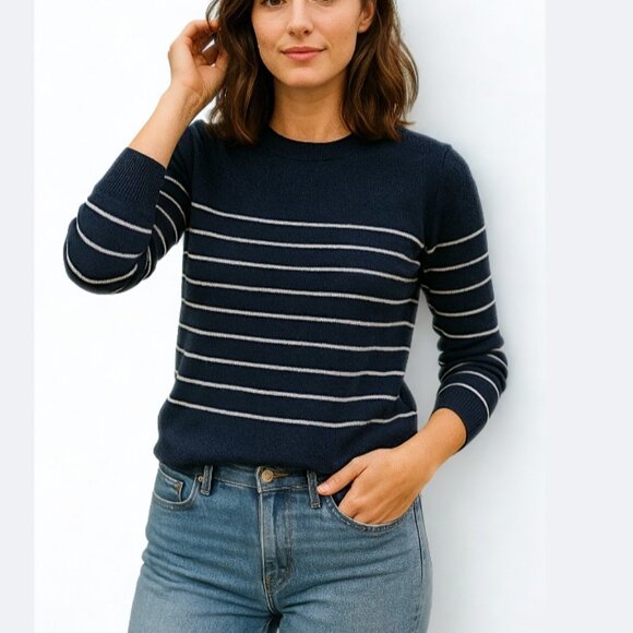 Nili Lotan Navy Breton Stripe Cotton Cashmere Blend Sweater Size Medium - Picture 1 of 5